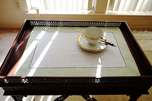 White Hemstitch Placemat 14"x20". Sea Creat Green color border